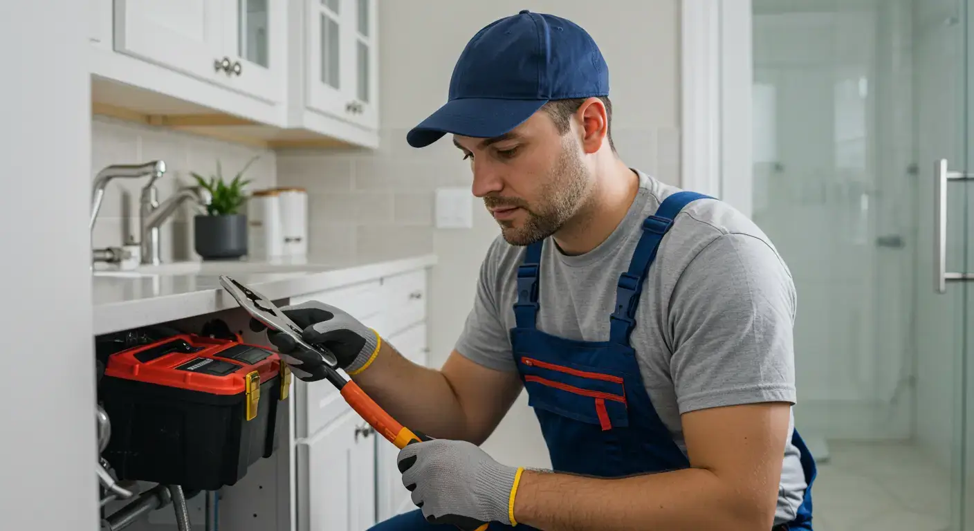 plumber is doing the inspection work in kitchen sink
