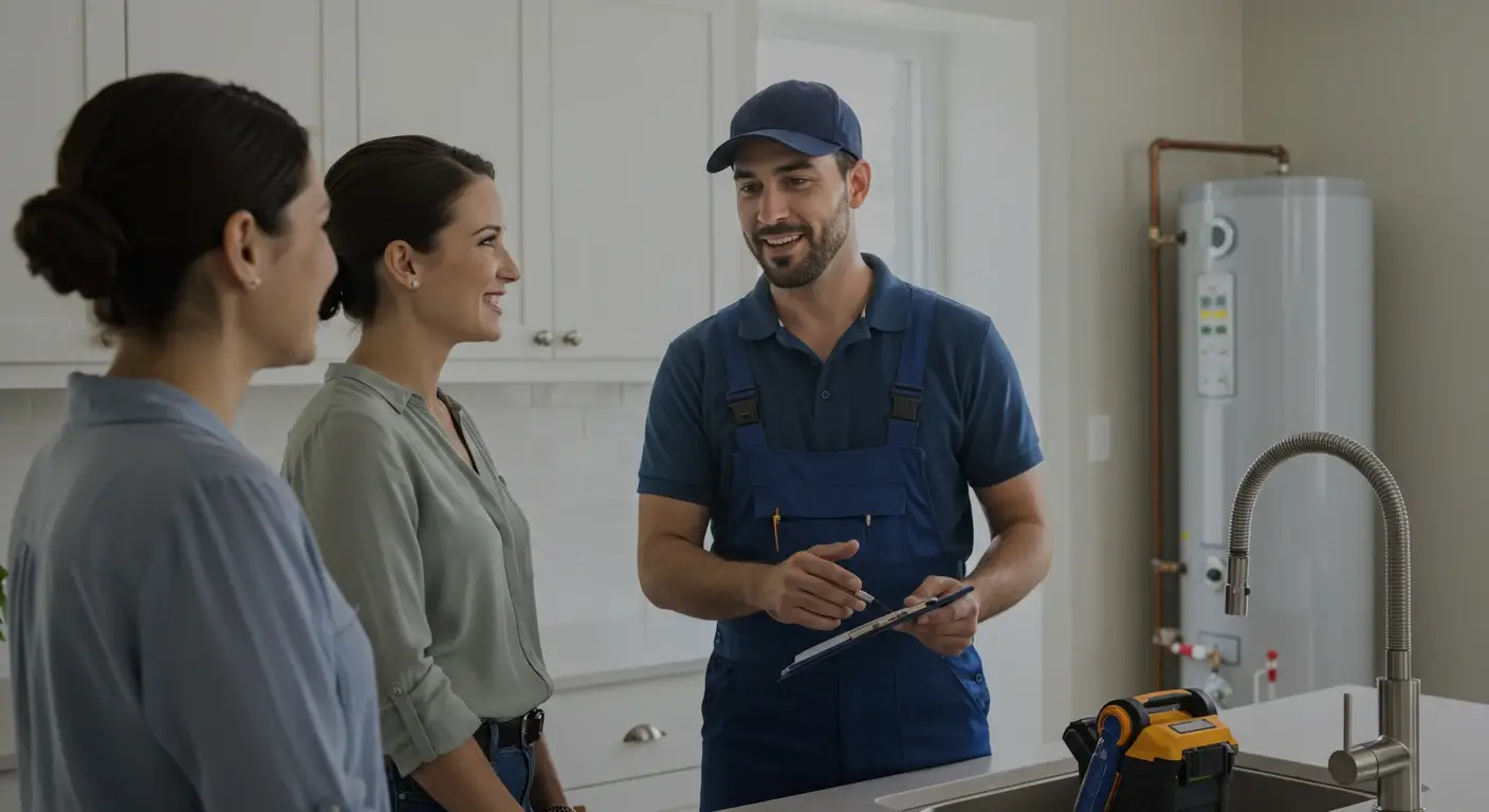 Plumber Longmont CO with client in kitchen sink