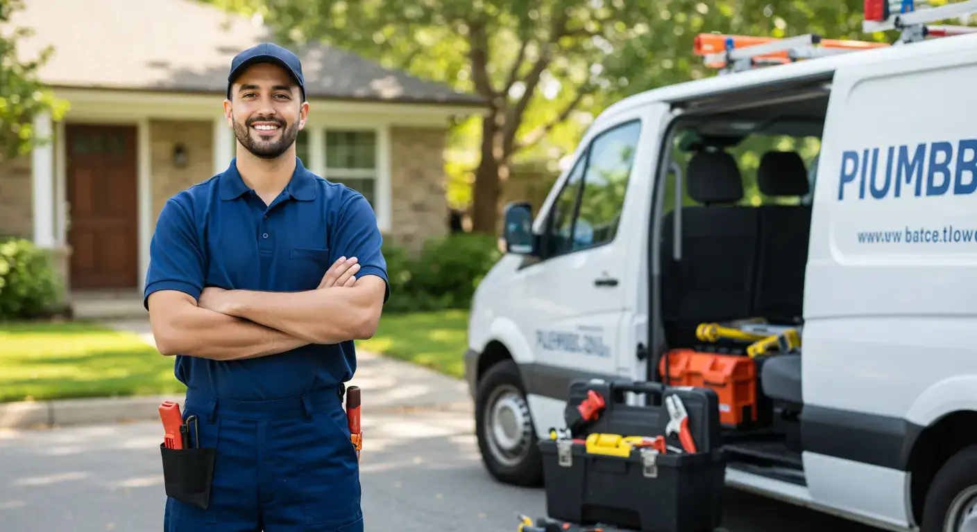 Smiling Longmont plumber standing beside a service wagon with plumbing tools