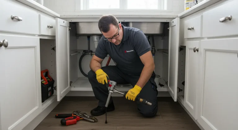 Plumber fixing clogged drains Longmont home kitchen